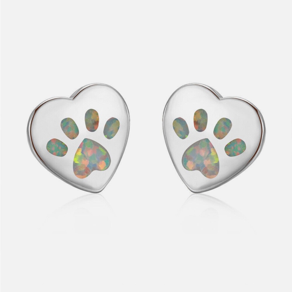 Opal Heart Cat Paw Prints Stud Earrings 925 Sterling Silver Chic Jewelry